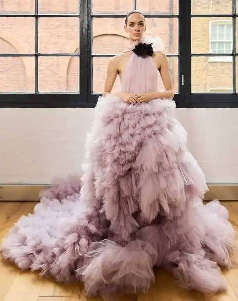 

Colored With Handmade Flower Details Big Volume Tulle Ruffles Trimmed Tulle Formal Dress Tutu Tulle Wedding Dresses