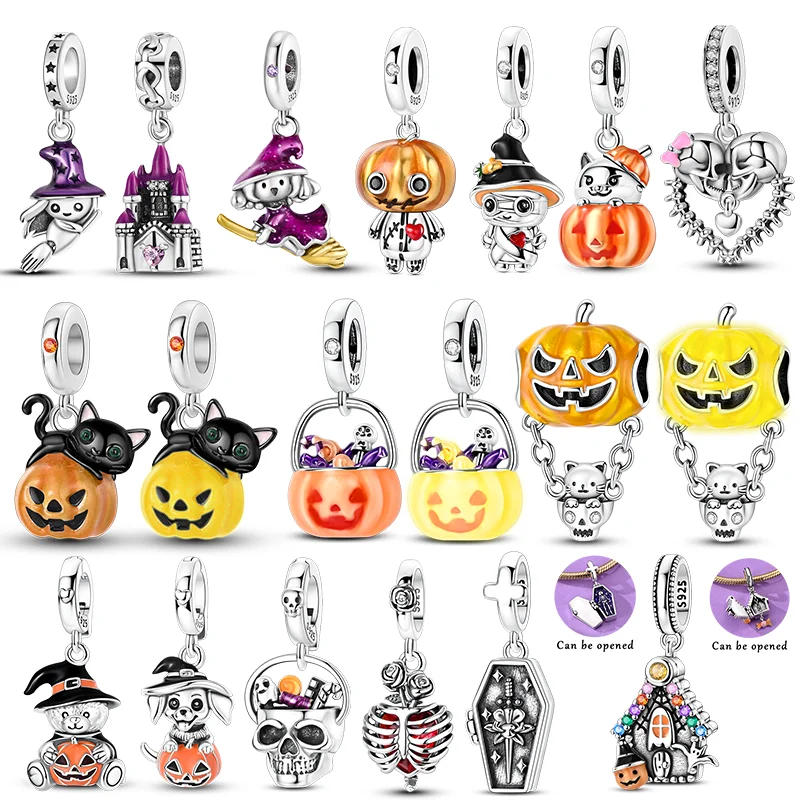 925 Sterling Silver Charms Beads Luminous Pumpkin Skull Witch Dangle Fit Original Bracelet Women Girls DIY Party Halloween Gifts