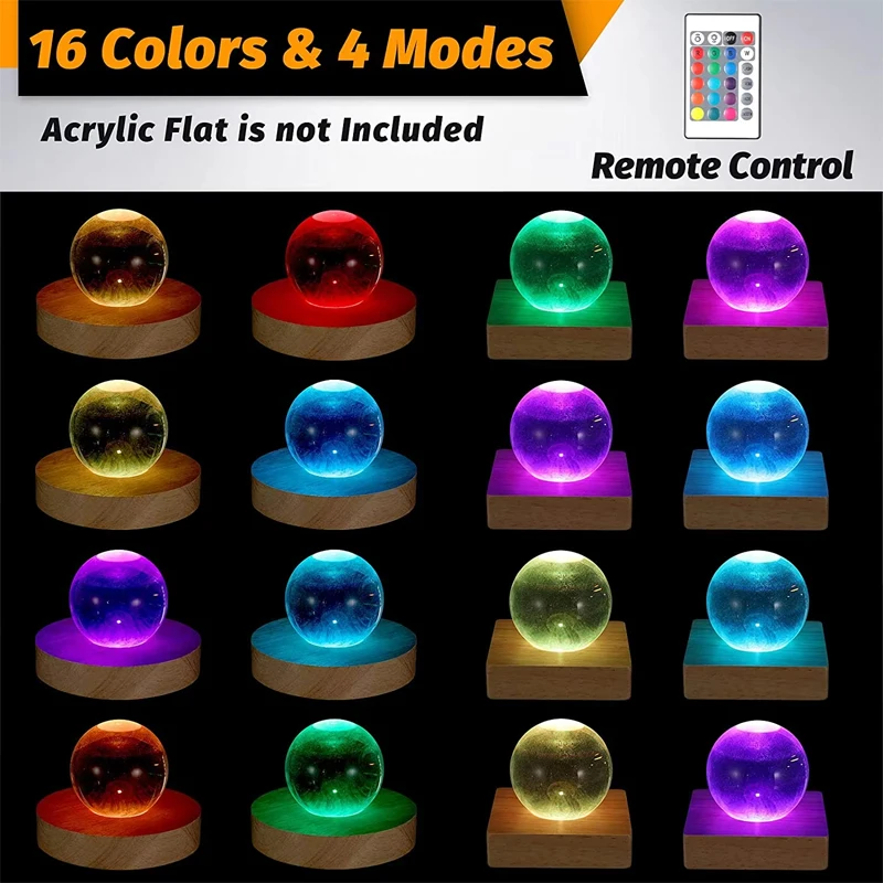 5/6/8/10CM Square Round Solid Wood LED Light Luminous Lamp Holder DIY Crystal Night Light Base USB 1.5M With Remote Control