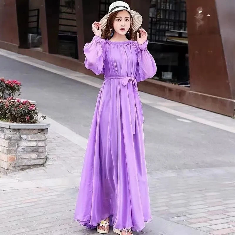 Strand Chiffon Super Langes Kleid Damen Neue Ankunft Frühling Herbst Chic Kleid Elegante Lange Ärmeln Lose Spitze-Up schlanke Kleider