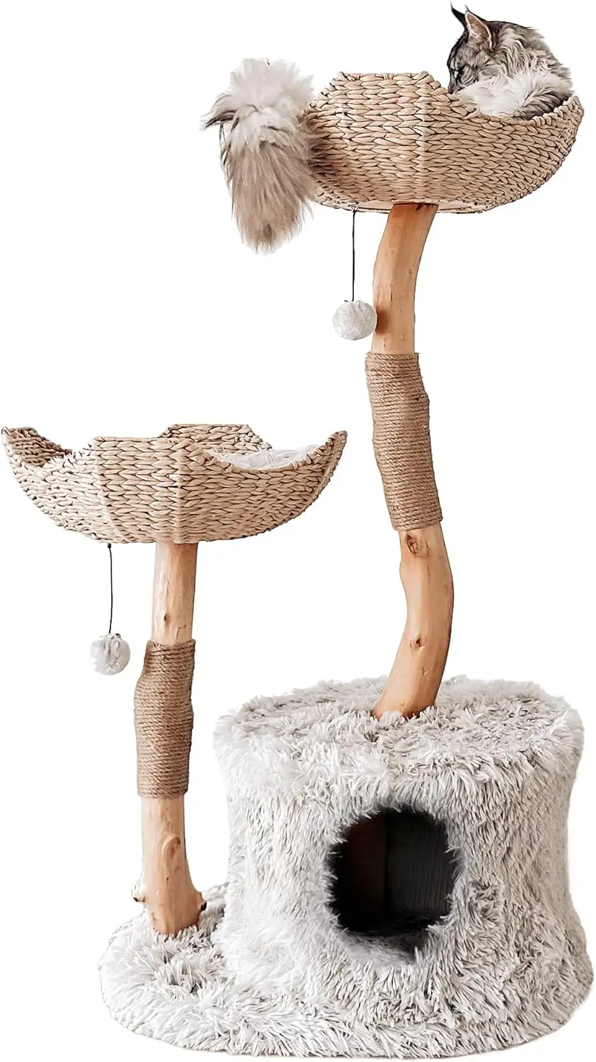 Modern Cat Tree Tower for Large Cats, Real Branch Luxury Cat Condo, Wood Cat Tower