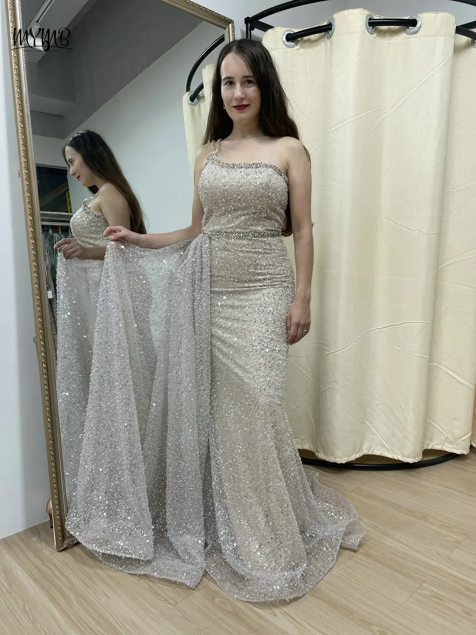 

MYMB One Shoulder Spaghetti Straps Glitter Prom Gowns with Side Train for Wedding Party Luxury Mermaid Sequined Evening Dresses