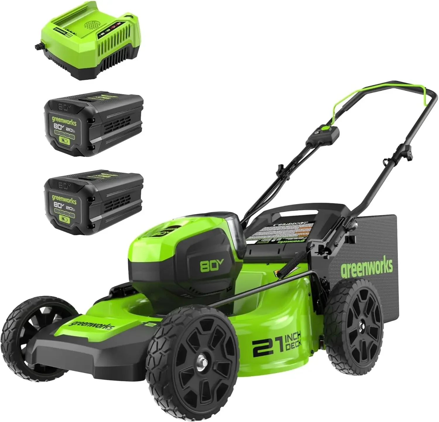 Tosaerba a batteria (spinta) senza spazzole da 80 V 21" Greenworks (+ 75 strumenti compatibili), (2) batterie da 2,0 Ah e caricabatterie rapido da 30 minuti