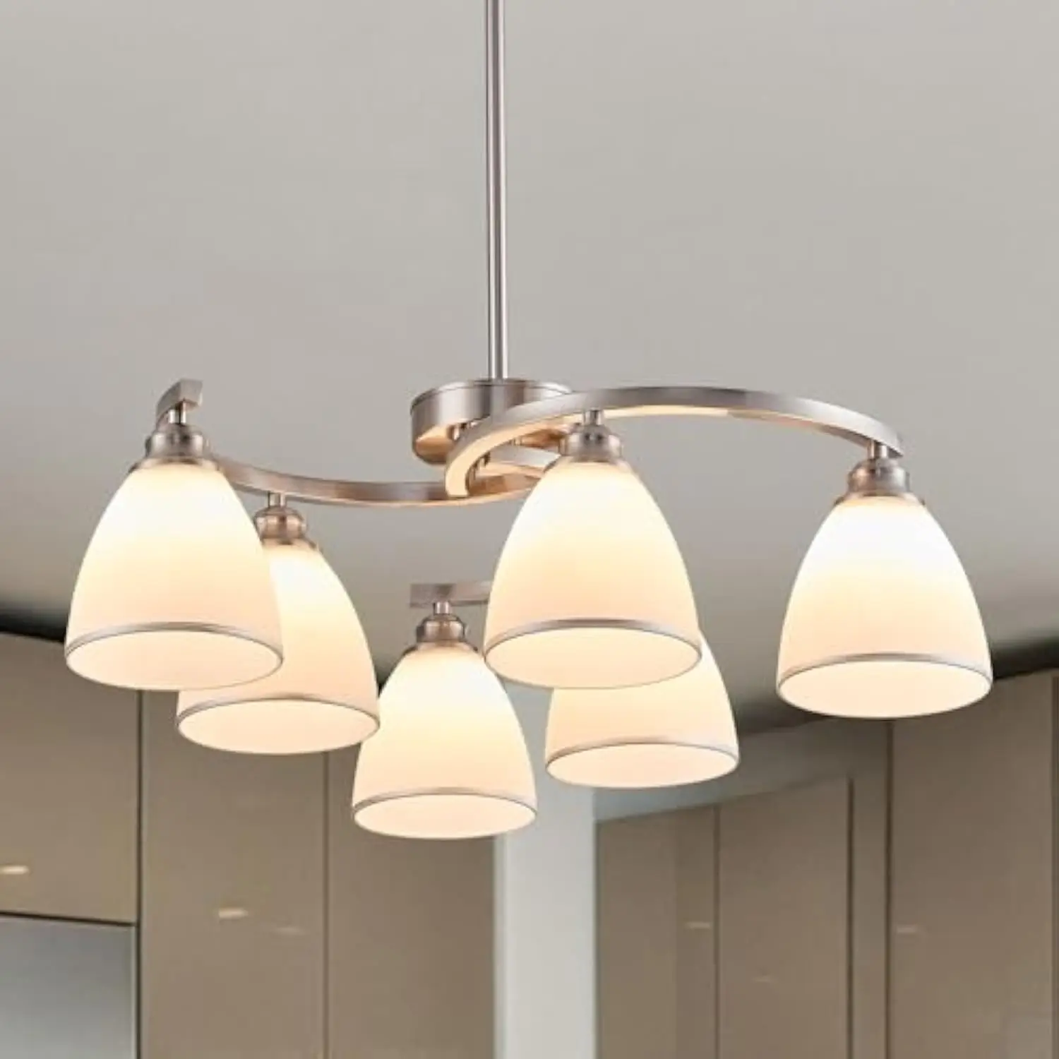 

6-Light Brushed Nickel Chandelier Modern Farmhouse Dinner Room Light Fixture with Frosted Glass Lampshade, Rustic Round Adjusta