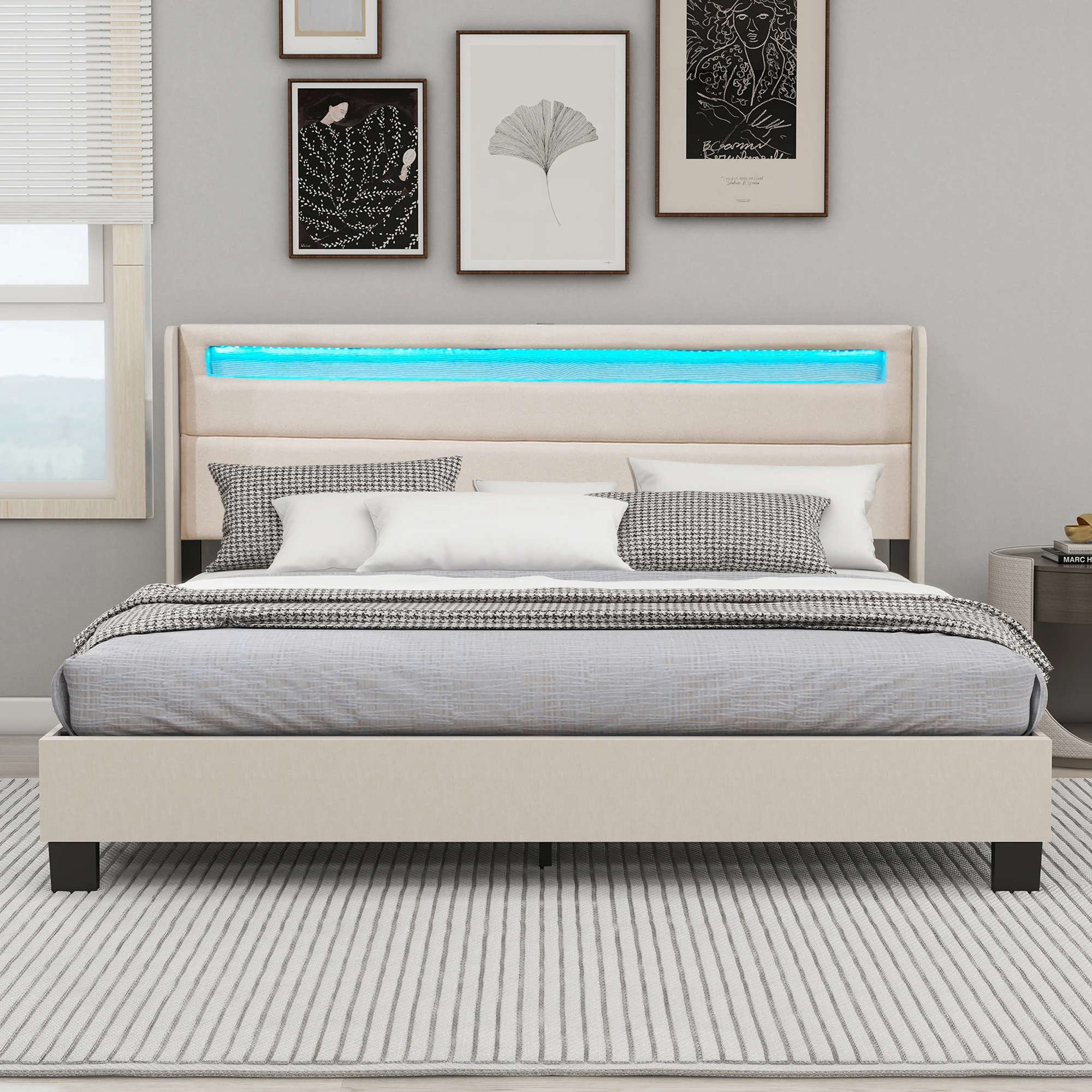 Modern Upholstered Platform Bed Frame With Linen Headboard, LED Bed Frame With Adjustable Color Selection,Strong Slat Support