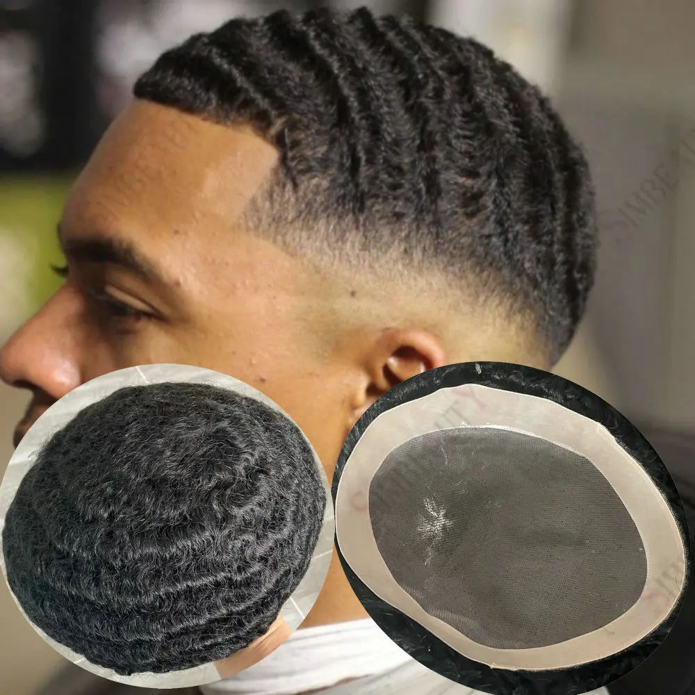 8mm/10mm/12mm Water Wave Men's Toupee Human Hair Fine Mono NPU Base Afro Man Replacement System Curly Hair Capillary Prosthesis