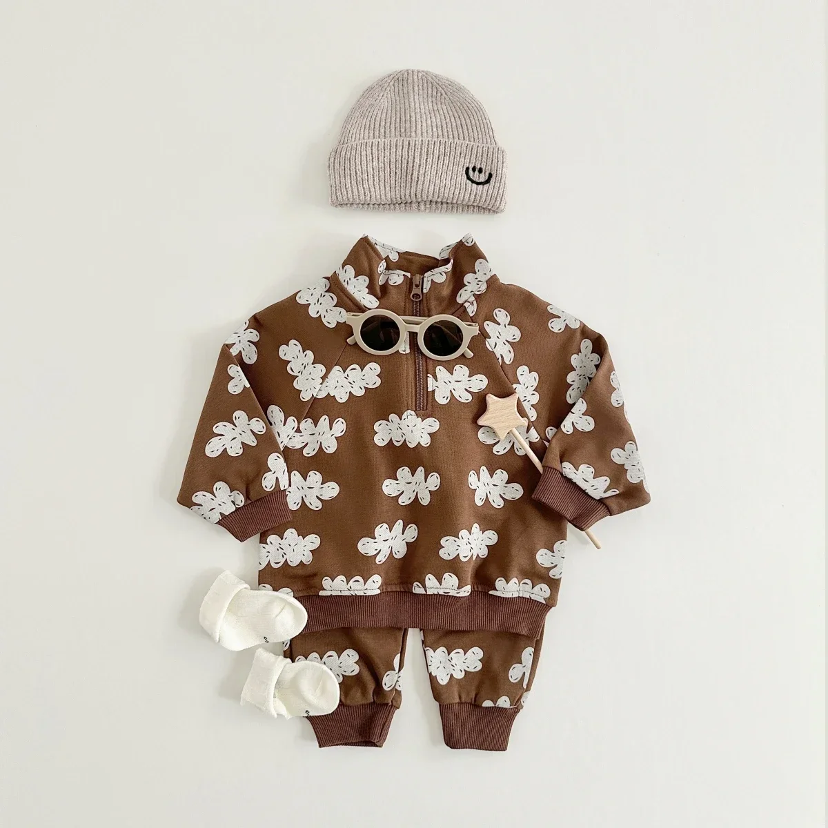 2023 Autumn New Newborn Set Male and Female Infant Long Sleeve Pullover Sweatshirt+Sports Pants Two Piece Baby Fashion Print Set