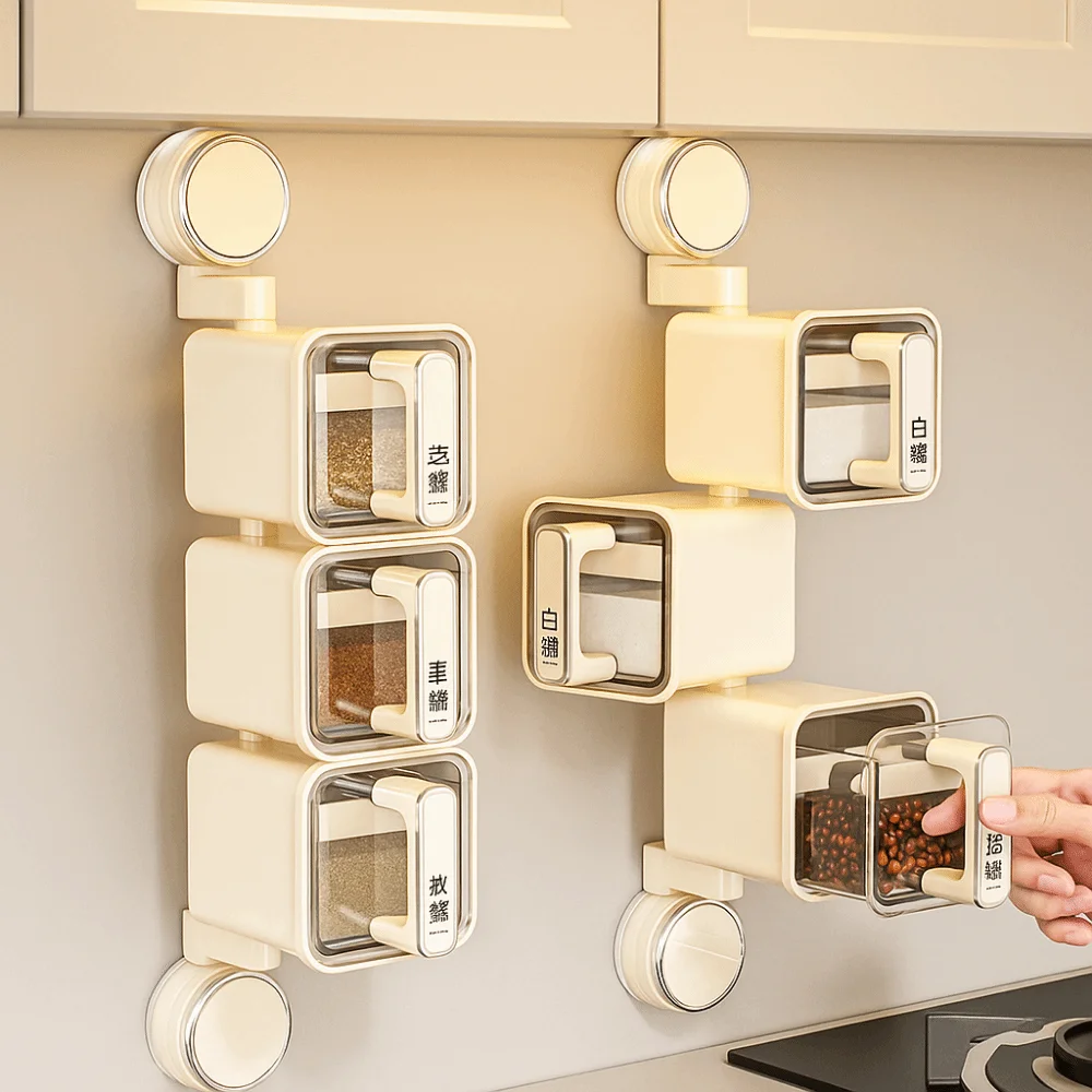 

Rotating Suction Cup Seasoning Box 2/3 Grids Moisture-proof Condiment Storage Rack Space Saving with Spoons