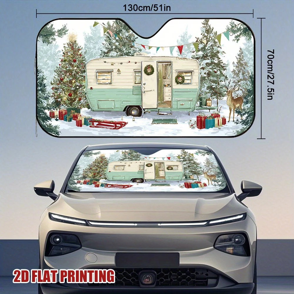 1pc Winter Wonderland Camp Car Sun Visor With Festive Snowy Camper & Christmas Trees Design, Easy Installation Fit, Powerful Sun