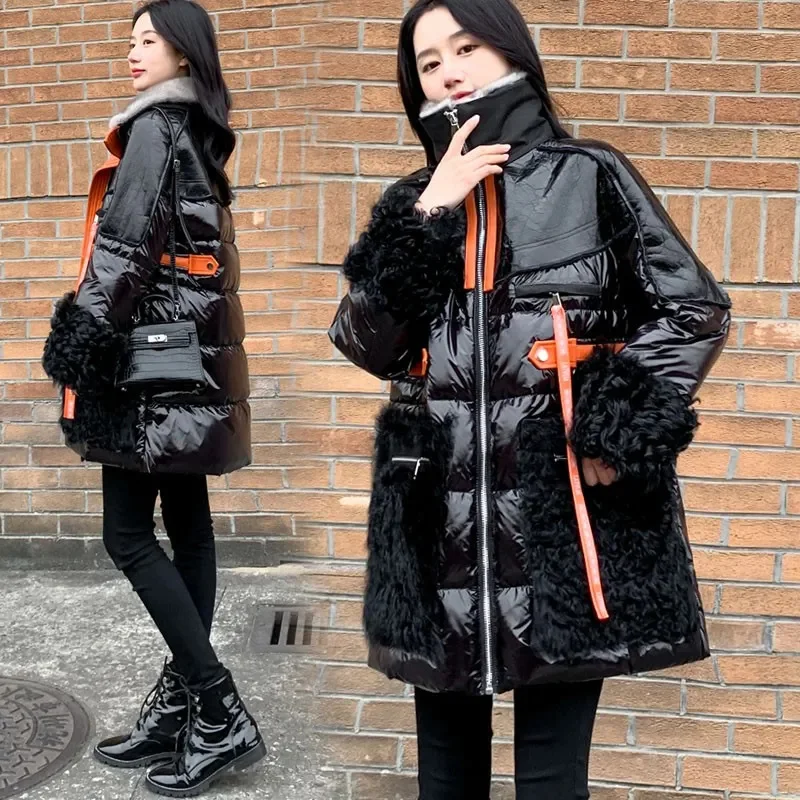 Black Glossy Down Jacket Women's 2025 Winter New Mid length PU leather Patchwork Jackets Female Warm Parka Overcoat