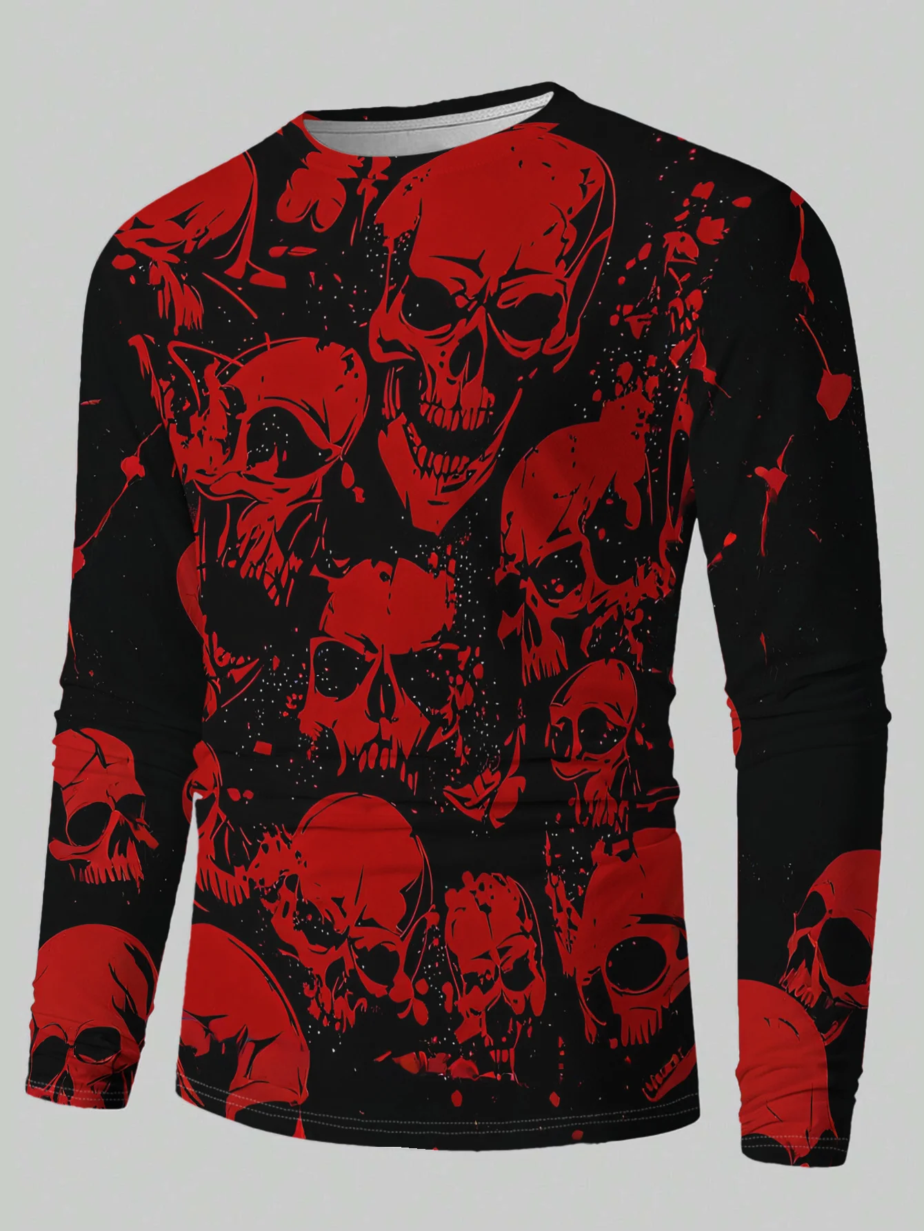 Men's Long Sleeve T‑Shirt Red Skull Collage Splatter Graphic Print Crew Neck Gothic Halloween Casual Streetwear Top