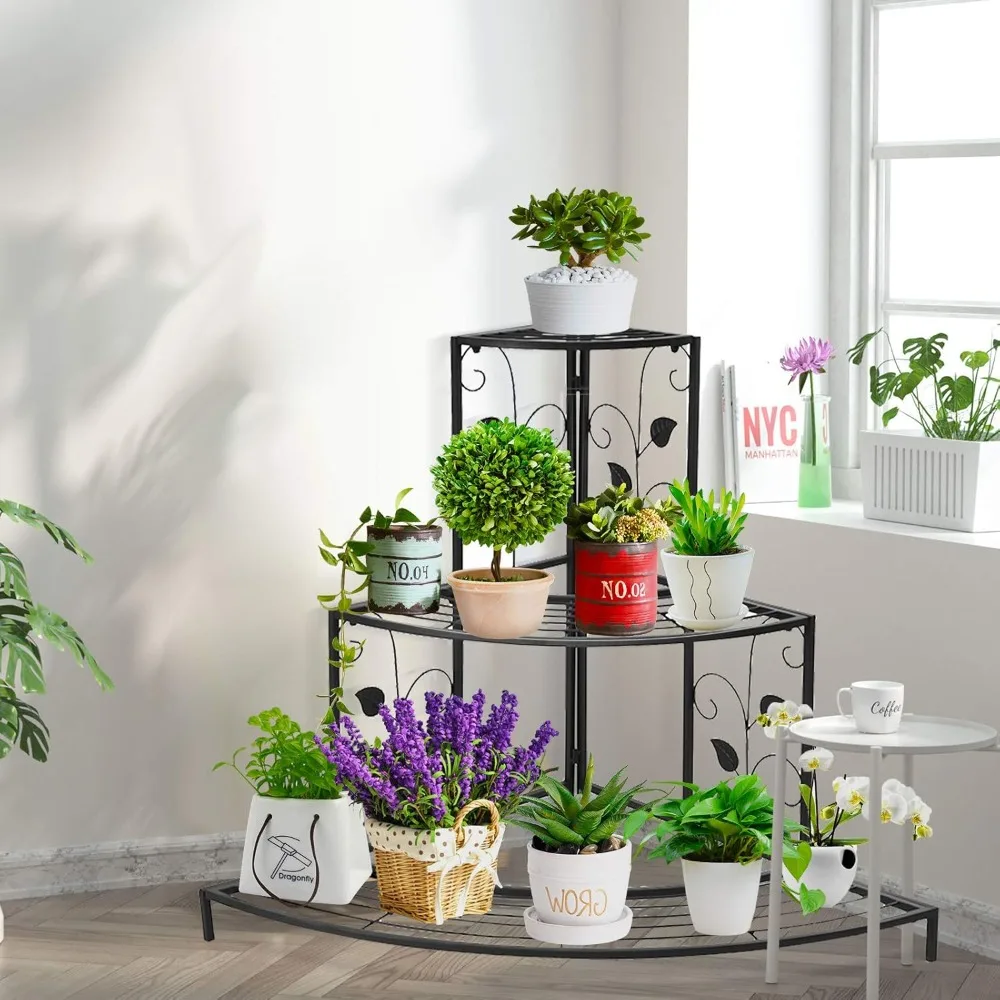 3 Tiers Corner Shelf Metal Plant Stand, Stair-Step Style Flower Pot Display, Quarter Round Plant Shelf for Indoor Outdoor Use