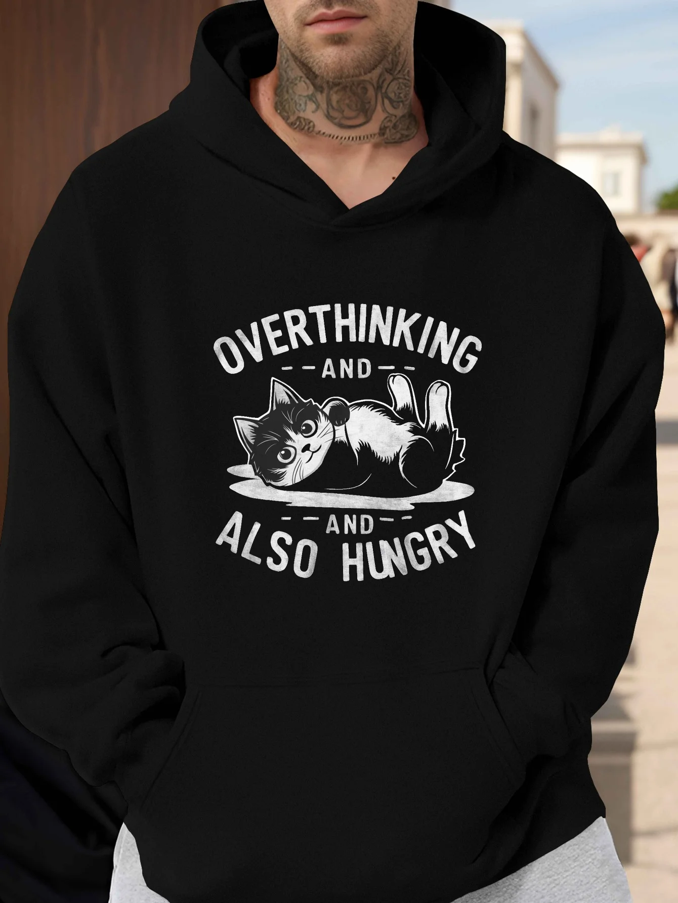 

Funny Overthinking and Hungry Cat Graphic Men's Hoodie - Green Pullover Sweatshirt for Introverts & Pet Lovers - Loose Fit Plus