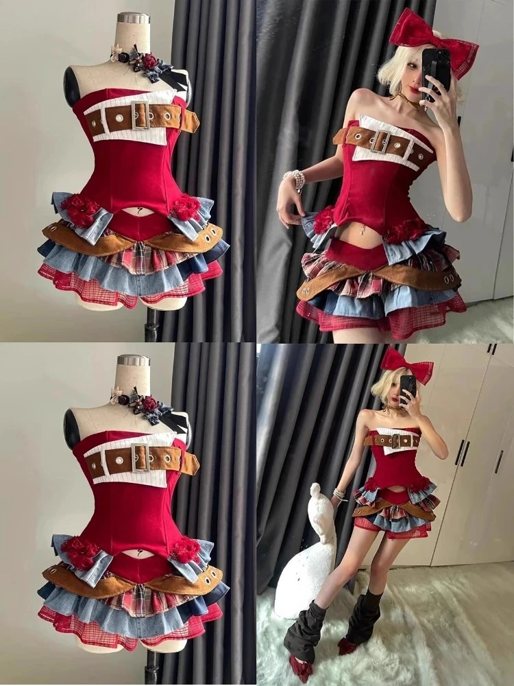 Conjuntos de 2 piezas Vintage elegante Y2K para mujer, Tops cortos sin tirantes góticos Punk + falda con volantes de cintura alta, trajes de fiesta para mujer 2025