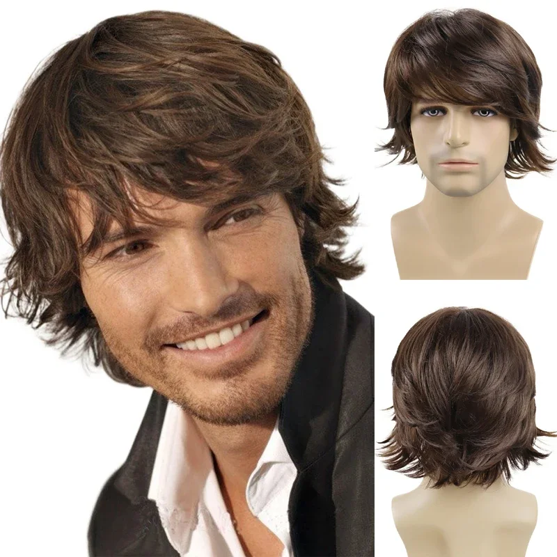 

GNIMEGIL Synthetic Short Curly Wig Men Boy Cosplay Party Brown Hair Natural Fluffy Breathable Fake Hair Heat Resistant Men's Wig