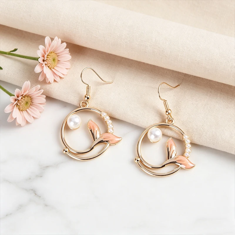 Blush-orange mermaid-tail pearl openwork earrings – stylish earrings for everyday wear and dates – versatile for the commute
