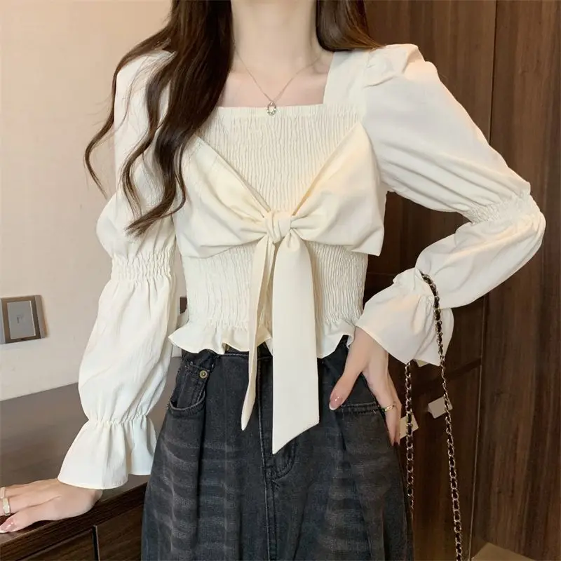 Women\'s Square Collar Long Sleeve Shirts, Elegant Slim Tops, Monochromatic Bow Pleated, Casual Clothes, New Style Fashion