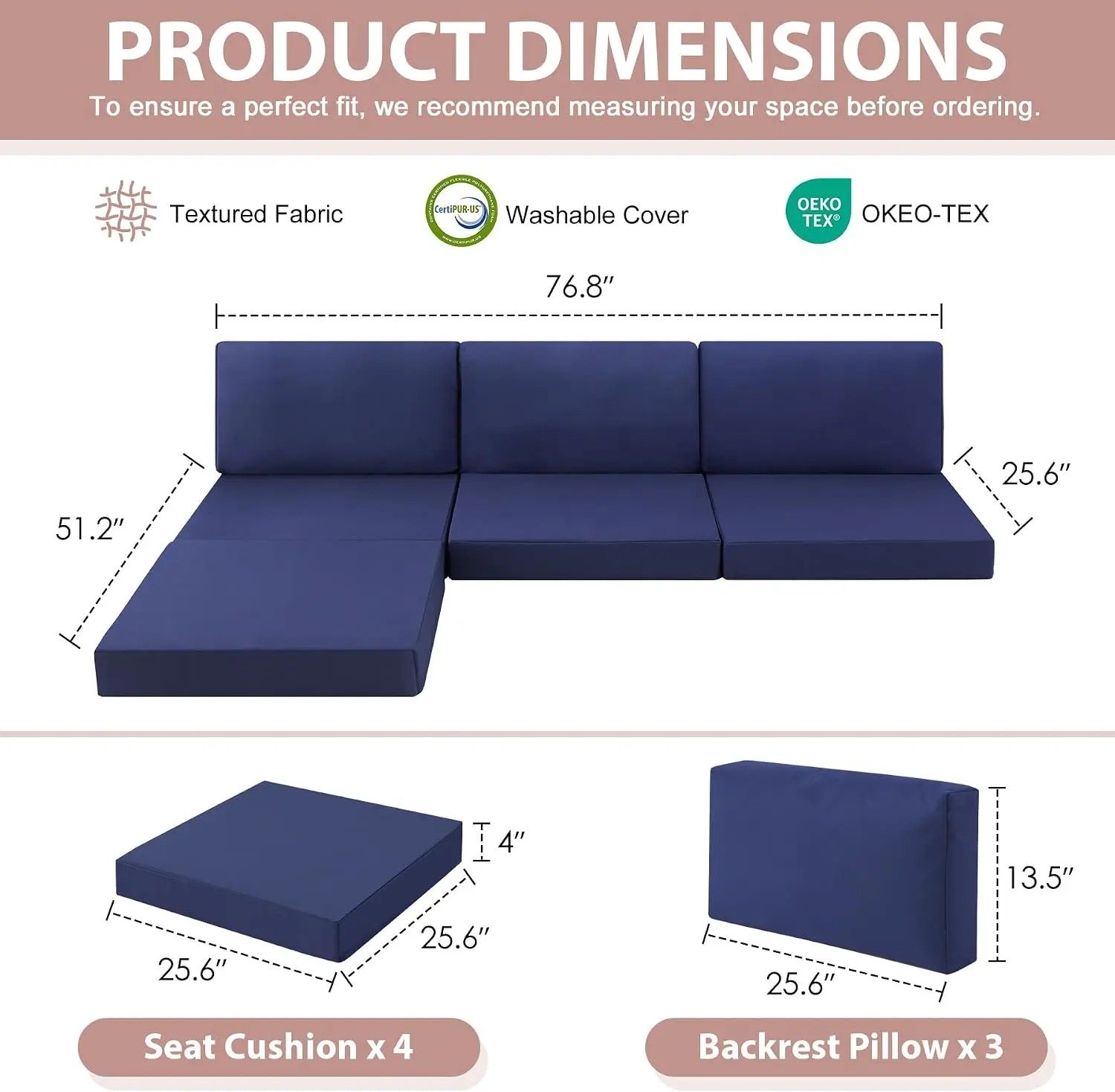 7-Piece Outdoor Patio Cushions Set for 4-Seat Sectional Sofa, Waterproof & Fade-Resistant Deep Seat Cushions with Back Pillows, Navy Blue Replacement