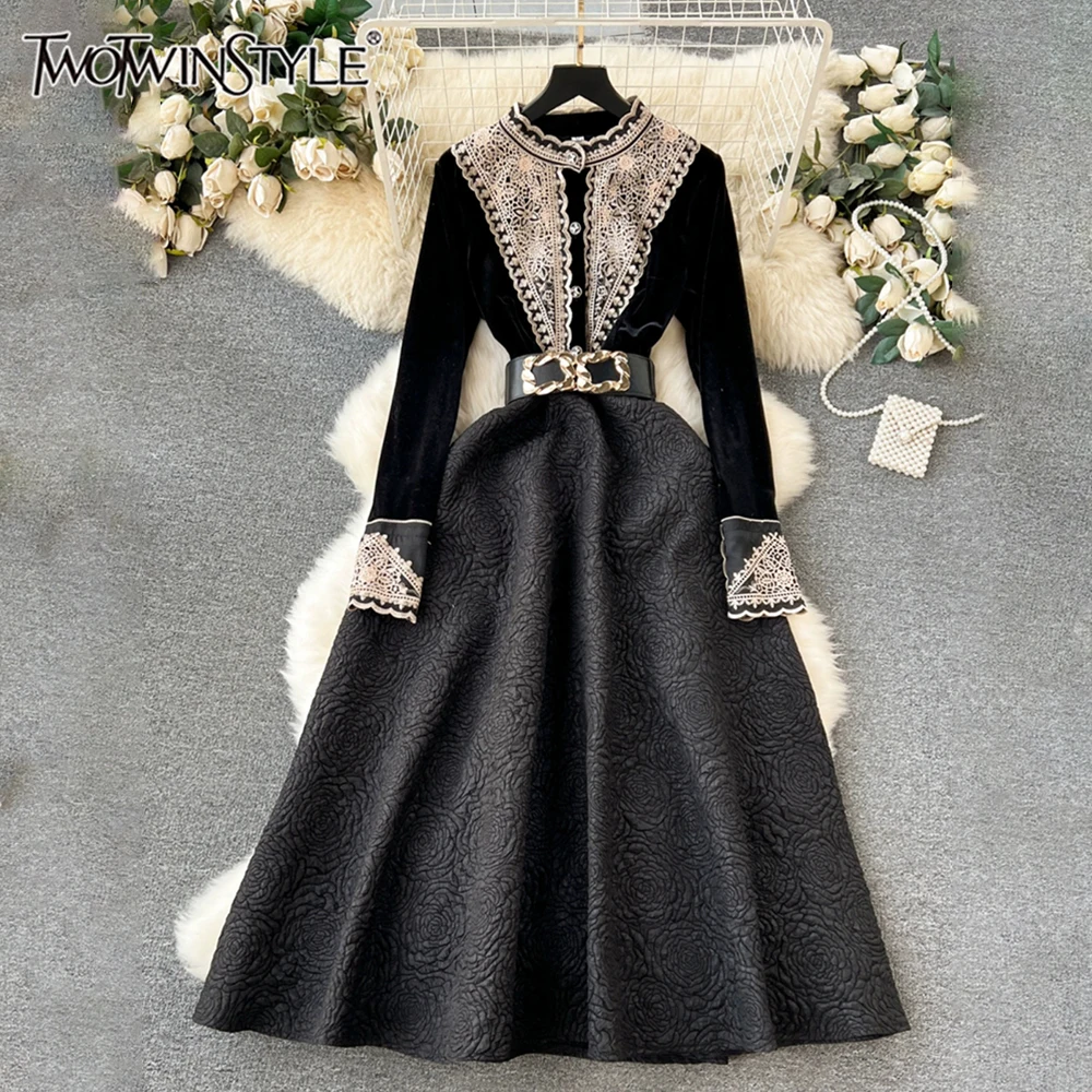 

TWOTWINSTYLE Embroidery Formal Dresses For Women Round Neck Long Sleeve High Waist Temperament A Line Dress Female New KDR517616