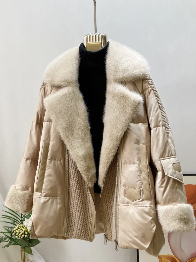 2023 Fashion Autumn Winter Real Mink Fur Coat Women Natural White Goose Feather Down Jacket Luxury Outerwear Loose Streetwear