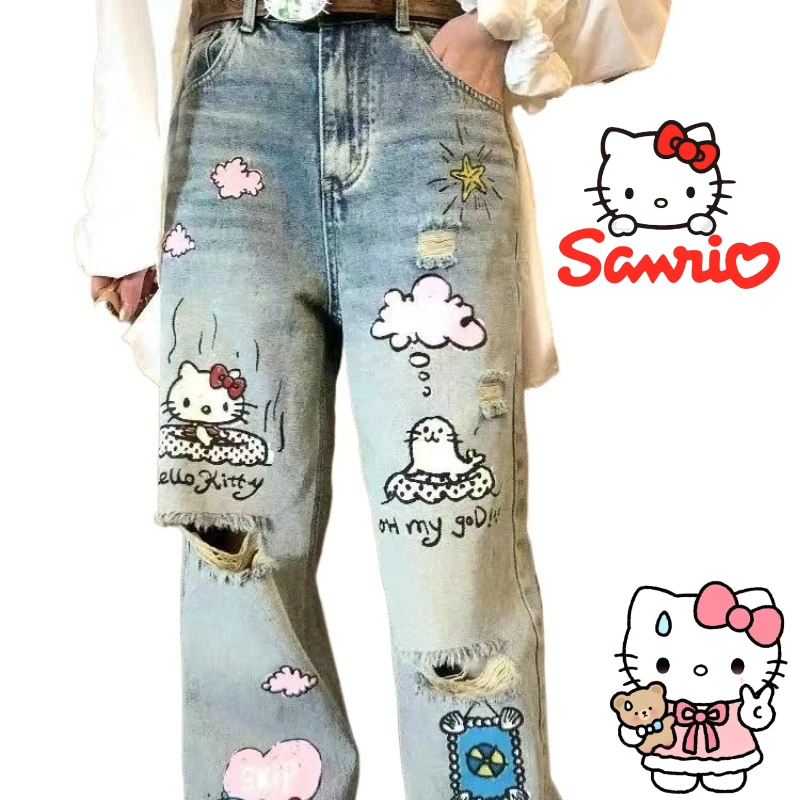 

Sanrio Hello Kitty cute cartoon jeans for girls high waist slim summer loose retro printed straight leg pants Holiday Gifts