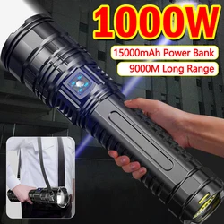 Powerful LED Flashlight Type-C Rechargeable Zoomable Torch with Strap 9000M Long Shot Camping Lantern 15000mAH Power Bank Light