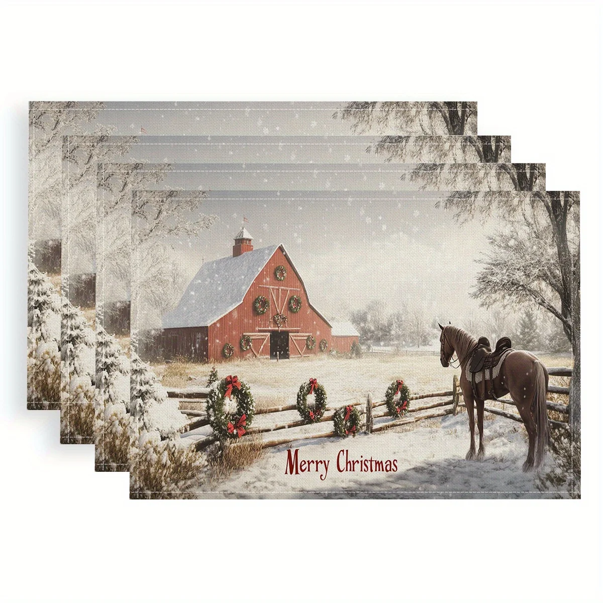 4pcs Christmas Barn Horse Scene Placemats - Festive Red Barn with Wreaths, Snowy Landscape, Digital Print, Polyester, 18x12 Inch