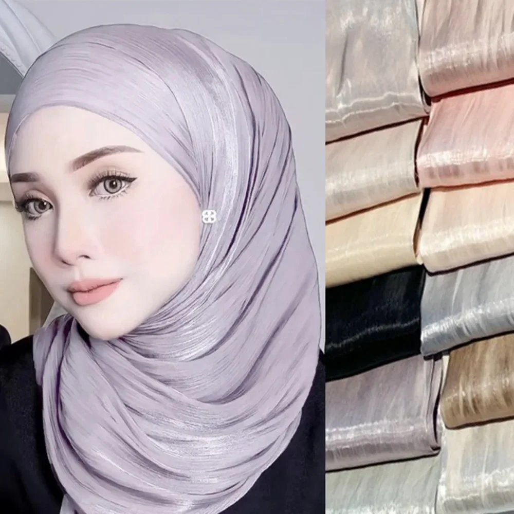 

New Women Island Silk Muslim Hijab Scarf Smooth Bright Satin Shawl Islamic Crepe Solid Color Femme Musulmane for Women Headscarf