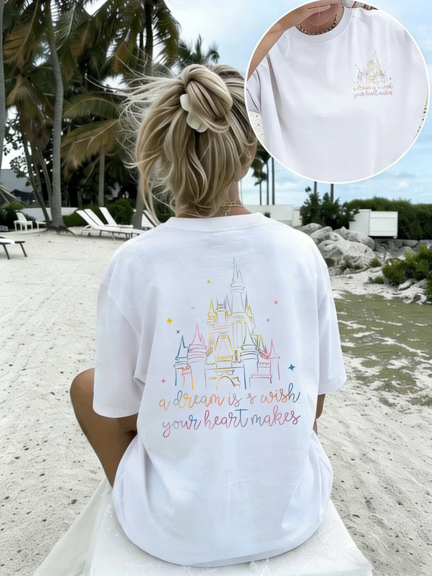 Women's Summer Crew Neck Short Sleeve T-Shirt, Double Sided Print Rainbow Castle 