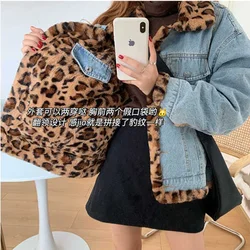 Double Sides Wear Leopard Printed Fleece Denim Bomber Jacket Plus Velvet Thick Plush Jeans Coat Winter Cardigan Parka Tops 2021