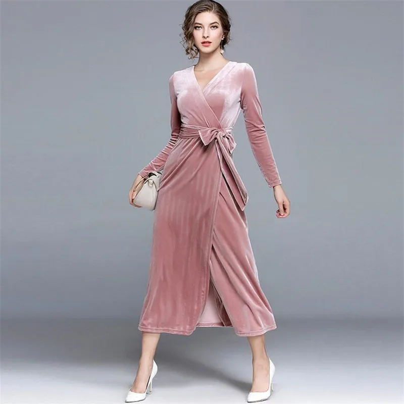 New 2024 Spring Autunm Evening velour Party Dresses Winter Pink Velvet Dress Women Sexy Long Dresses With Sashes Vestidos