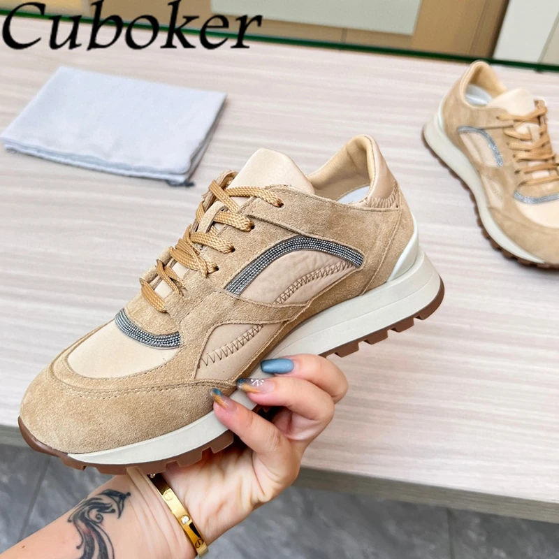 2024 Spring New Suede Patchwork Lace Up Sneakers Women Thick Sole Flat Shoes Ladies Comfort Running Walking Casual Shoes Mujer