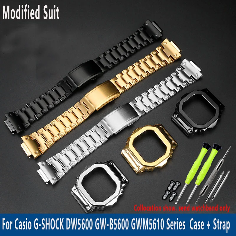 For Casio G-SHOCK metal case strap stainless steel Suit DW5600/GW-M5610/5000 GW-B5600 Modified Cool style Golden black watchband