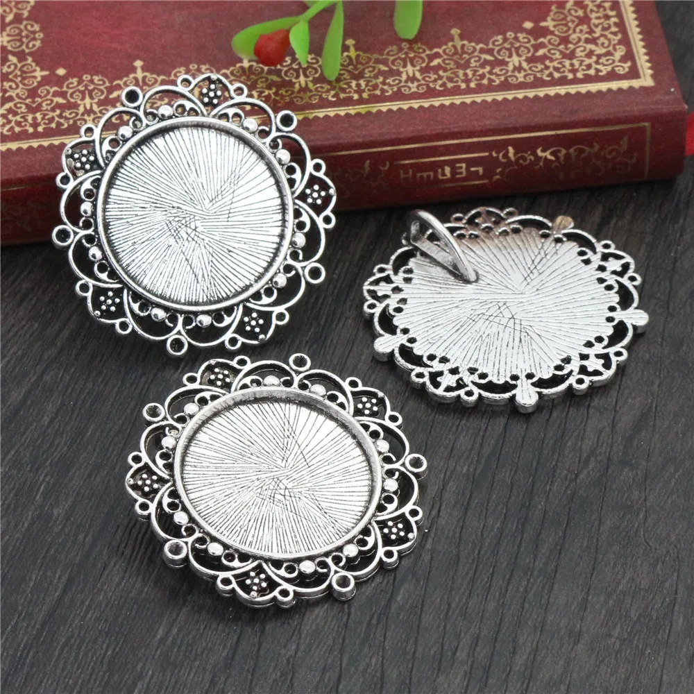 New Fashion 5pcs 25mm Inner Size Antique Silver Plated Baroque Style Cabochon Base Setting Charms Pendant