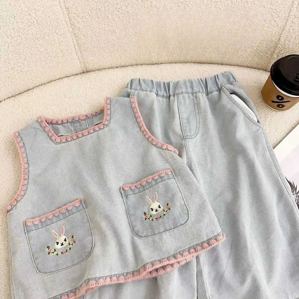 أطقم ملابس جينز رقيقة للأطفال ، تطريز ، كرتون ، بلا أكمام ، توبات بدون أكمام ، تي شيرت ، بنطال فضفاض ، 2 أو للأطفال ، بدلة للبنات ، صيف #4