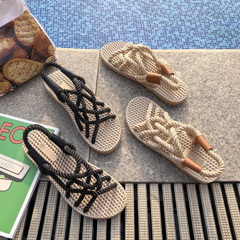 Women Shoes 2025 Summer Weave Non Slip Cross Tied Women Roman Sandals Womens Closed Toe Peep Toe Lightweight Beach Sandals