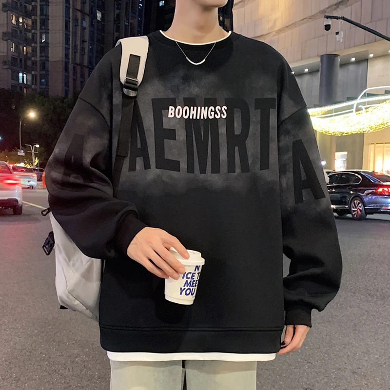 

Heavy round neck long sleeve T-shirt for men's spring and autumn trendy brand loose teenager student sweatshirt