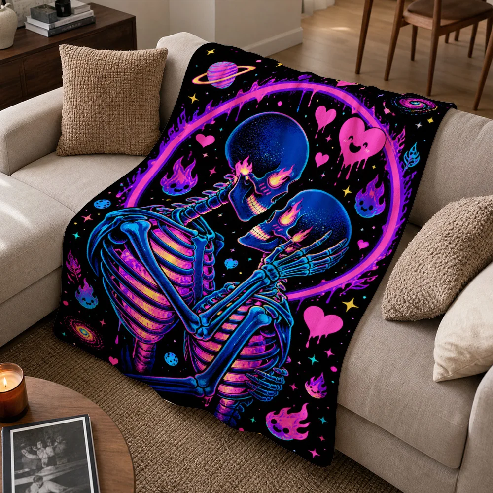 Vibrant Neon Skull Couple Embrace Throw Blanket Couch Decor Gothic Skeleton Lovers Art Home Gift