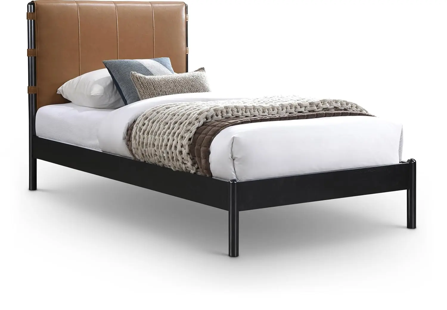 Meridian Furniture AbigailCognac-T Abigail Collection Mid-Century Modern Twin Bed with Soft Cognac Vegan Leather,, Customized