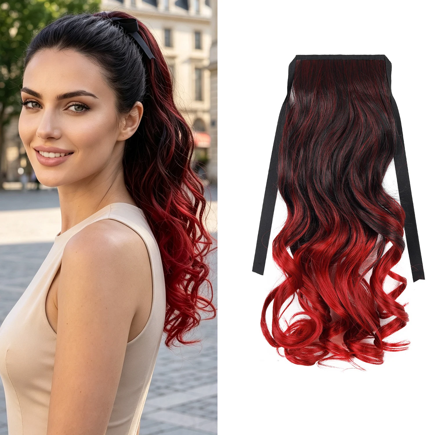 Curly Ponytails Rainbow Ombre Color Ribbon Drawstring Ponytail Extension Long Straight Synthetic Hairpiece Vitality Cosplay
