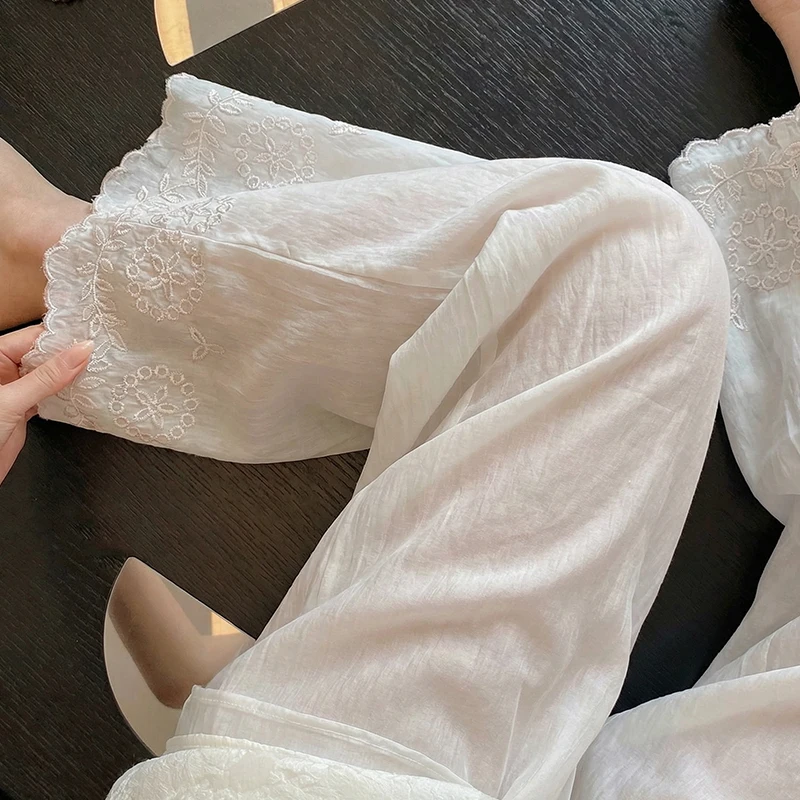 

Элегантные белые хлопковые льняные брюки с кружевной отделкой, широкие штанины, женские, летние, легкие, дышащие, модные, длинные, повседневный стиль