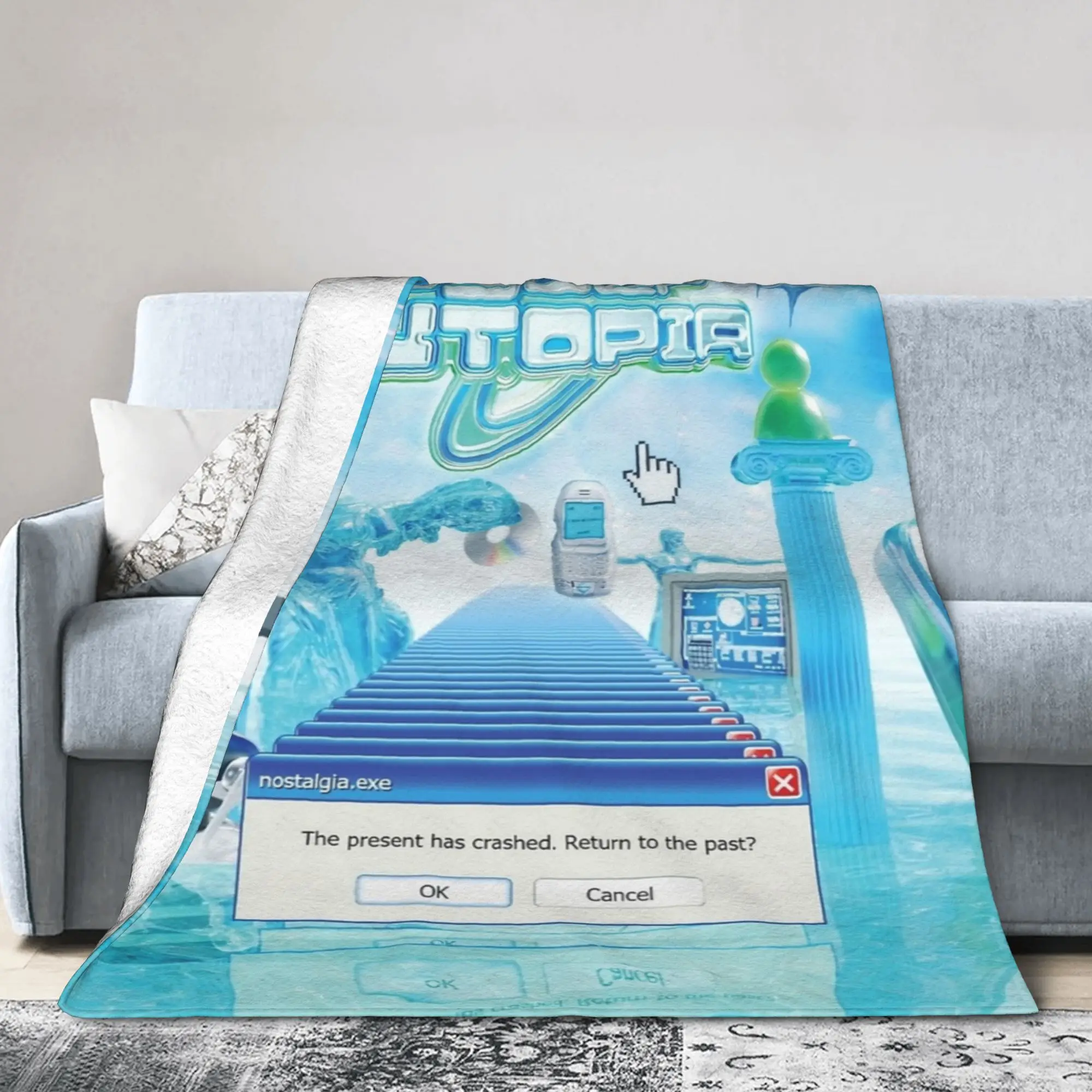 Welcome to Cyber Utopia Fleece Blanket Frutiger Aero Vintage Throw Blankets for Home 150*125cm Plush Thin Quilt