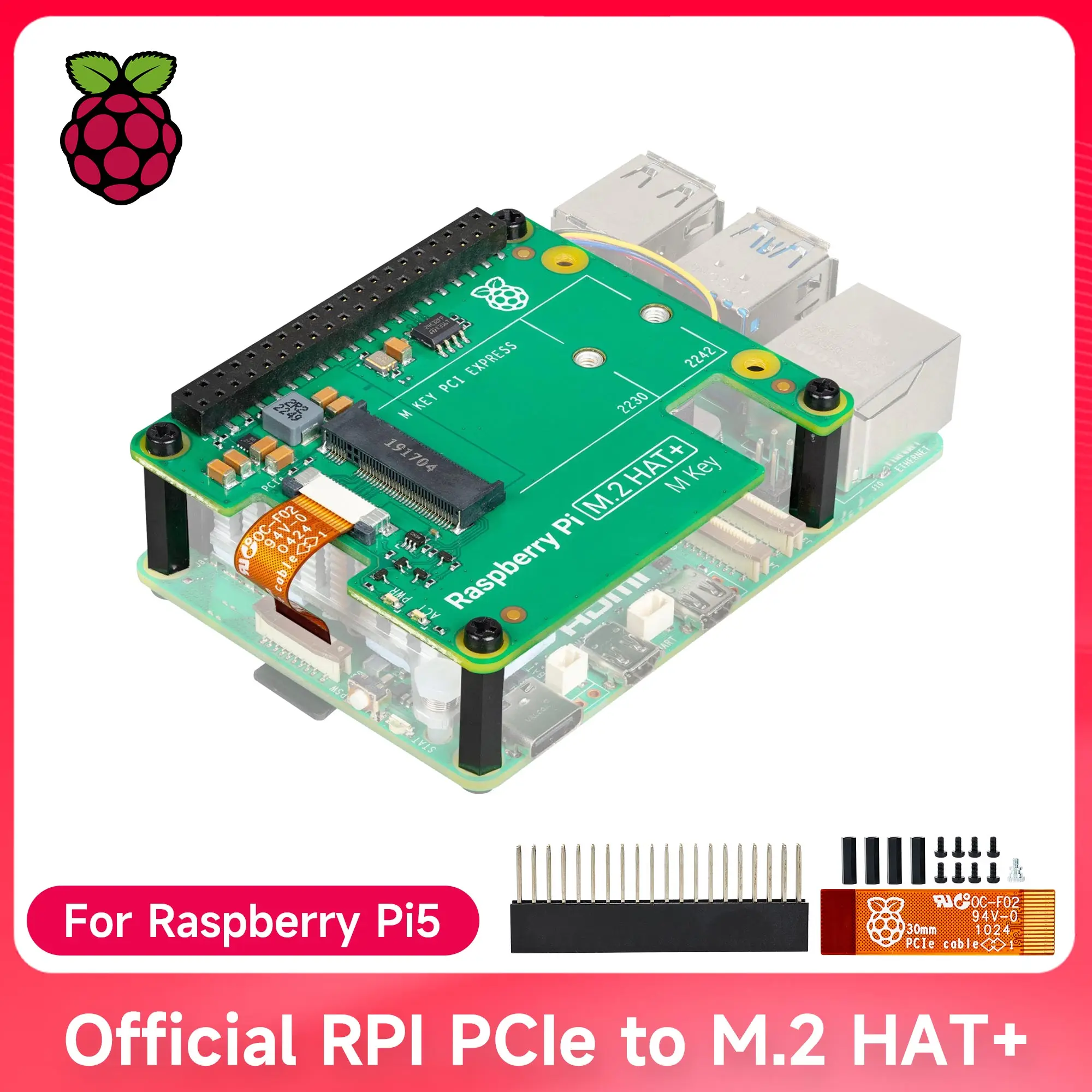 

Official Raspberry Pi 5 M.2 HAT+ Gen2 Gen3 NVME M.2 SSD 2230/2242 Size Solid State Drive Support Active Cooler for RPi 5