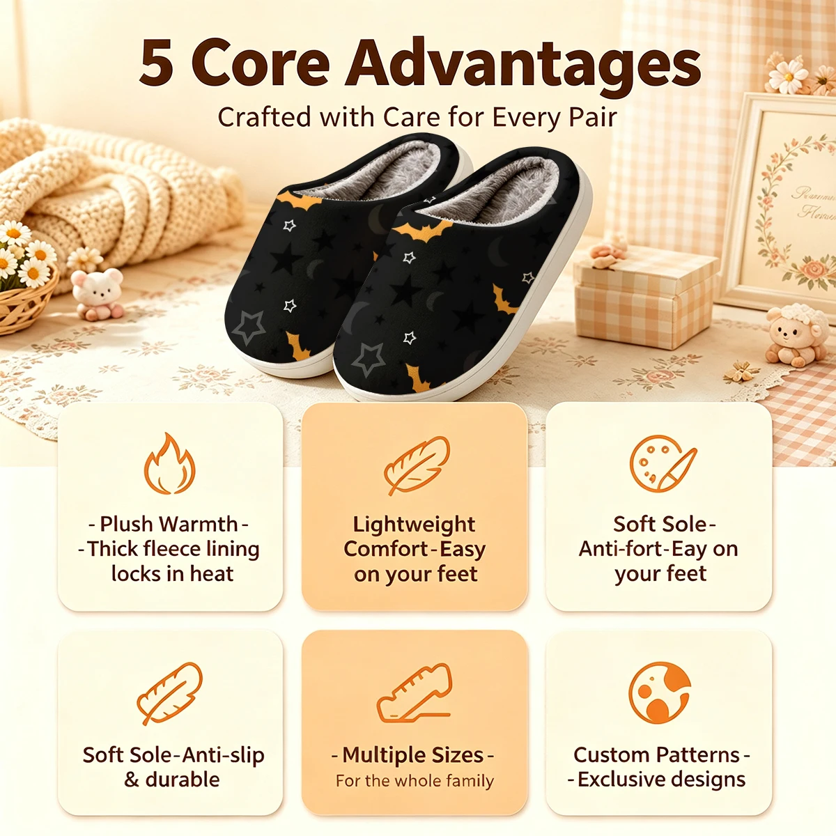 Halloween Bat Star Moon Christmas White Slippers Warm Plush Indoor Shoes Non-Slip Winter Slippers Family Holiday Gifts Soft view 4
