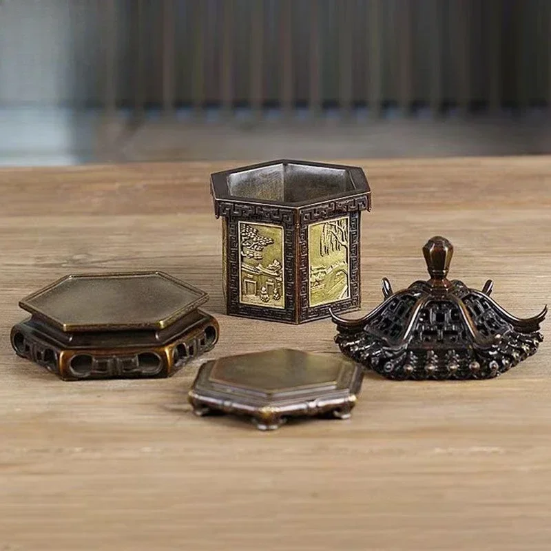 Hexagonal pavilion-style creative plate incense burner indoor household gilt incense burner desktop incense burner ornament