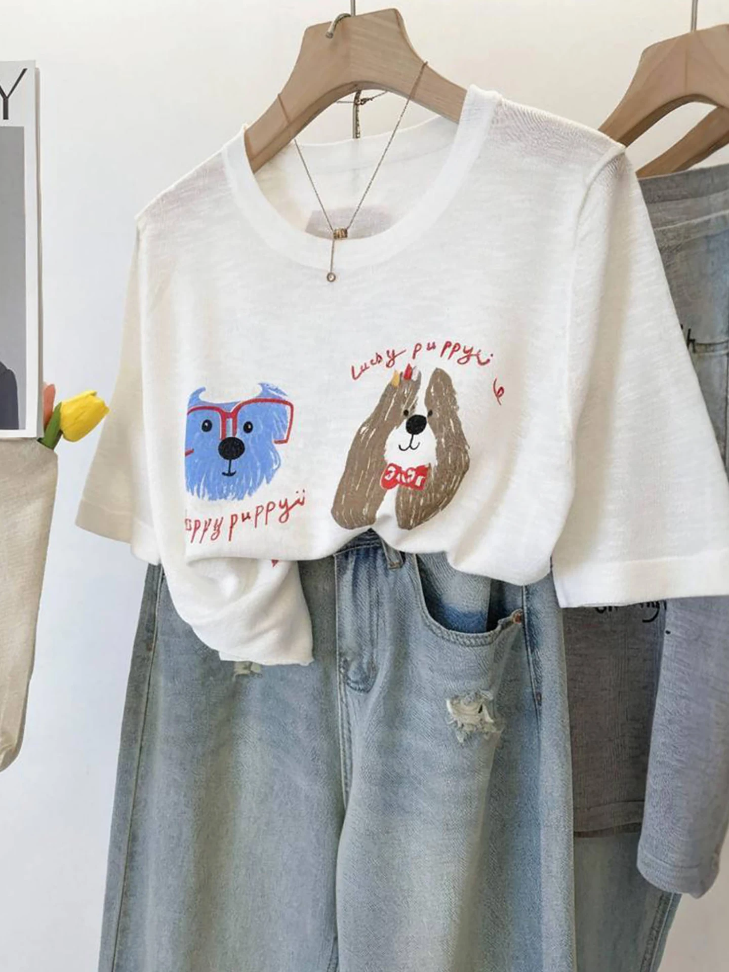 

Уникальная летняя тонкая футболка ort Sve, женский вязаный топ из ледяного шелка, корейский свободный крой, свитшот из смеси полиэстера