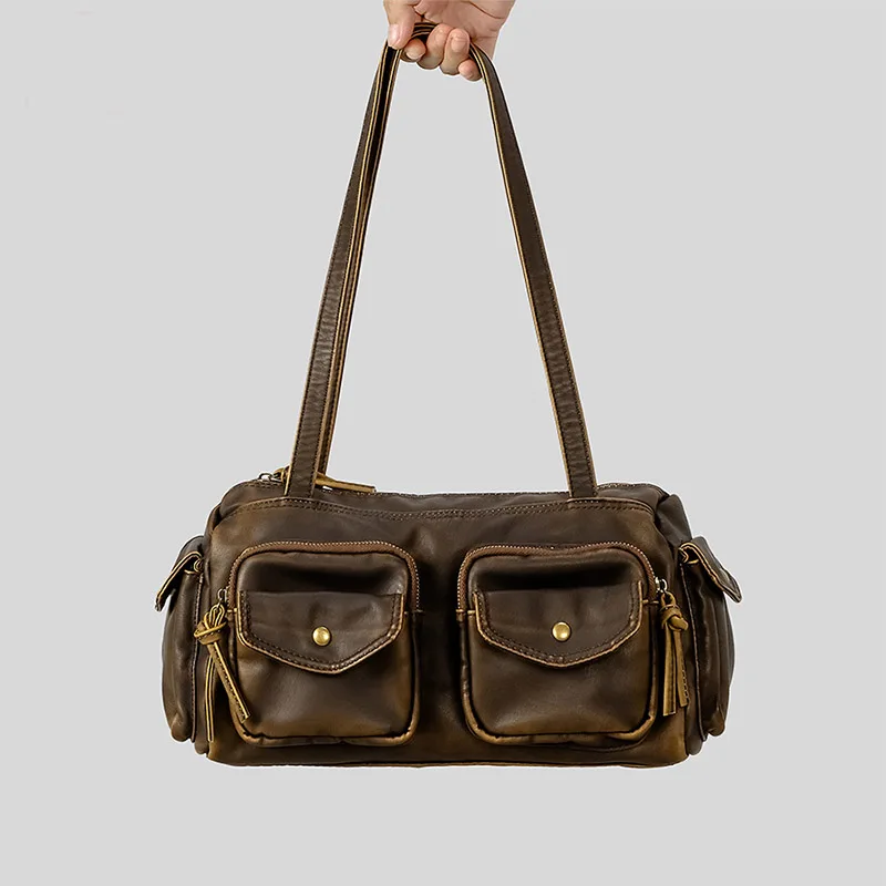 

Summer Retro Soft PU Leather Multiple Pockets Motorcycle Tote Bag Y2K Fashion Women's Multifunctional Large Capacity Shoulder Ba