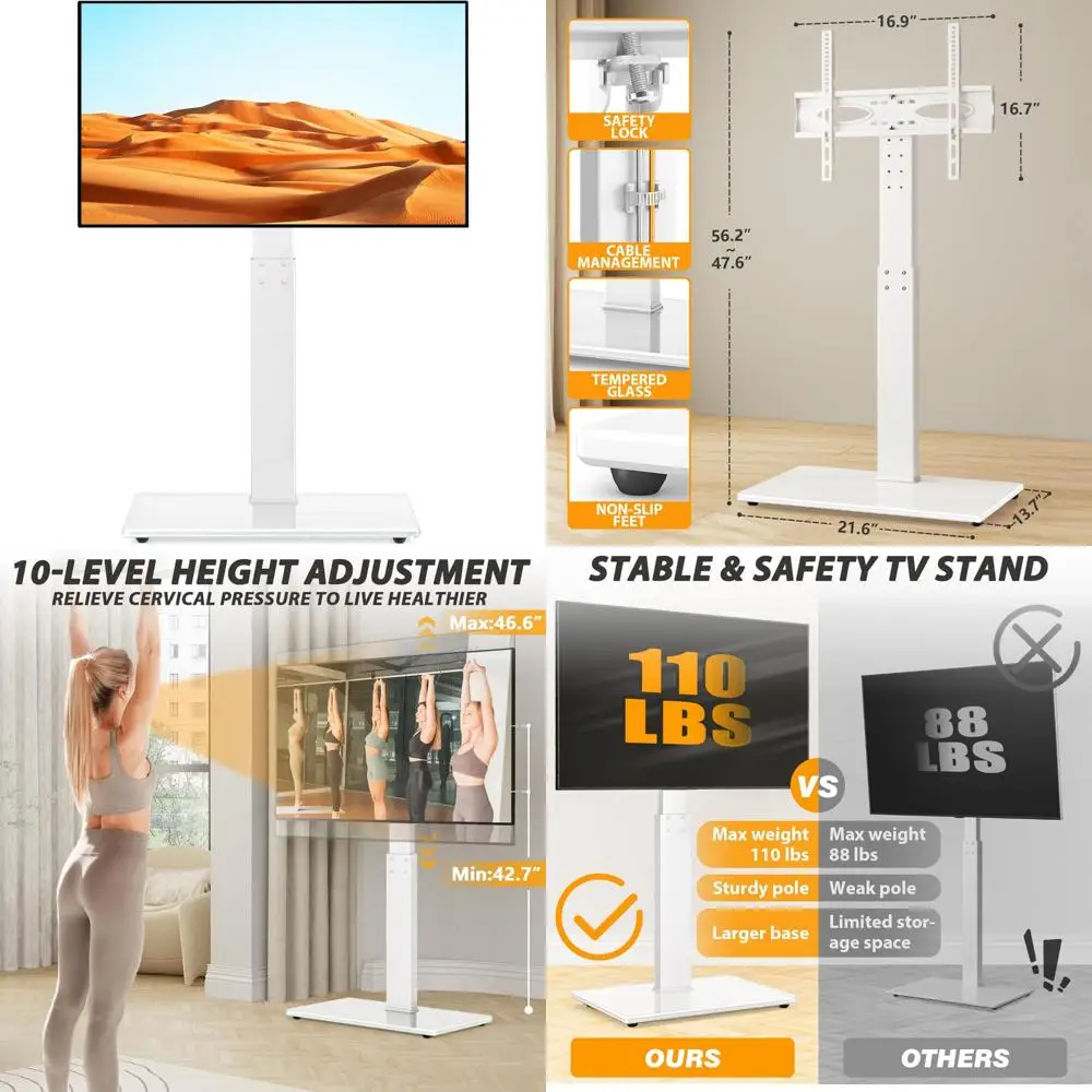 Universal Adjustable Swivel TV Stand for 32-70 Inch TVs up to 110 Lbs with Height Adjustable Mount, White Tempered Glass Base, S