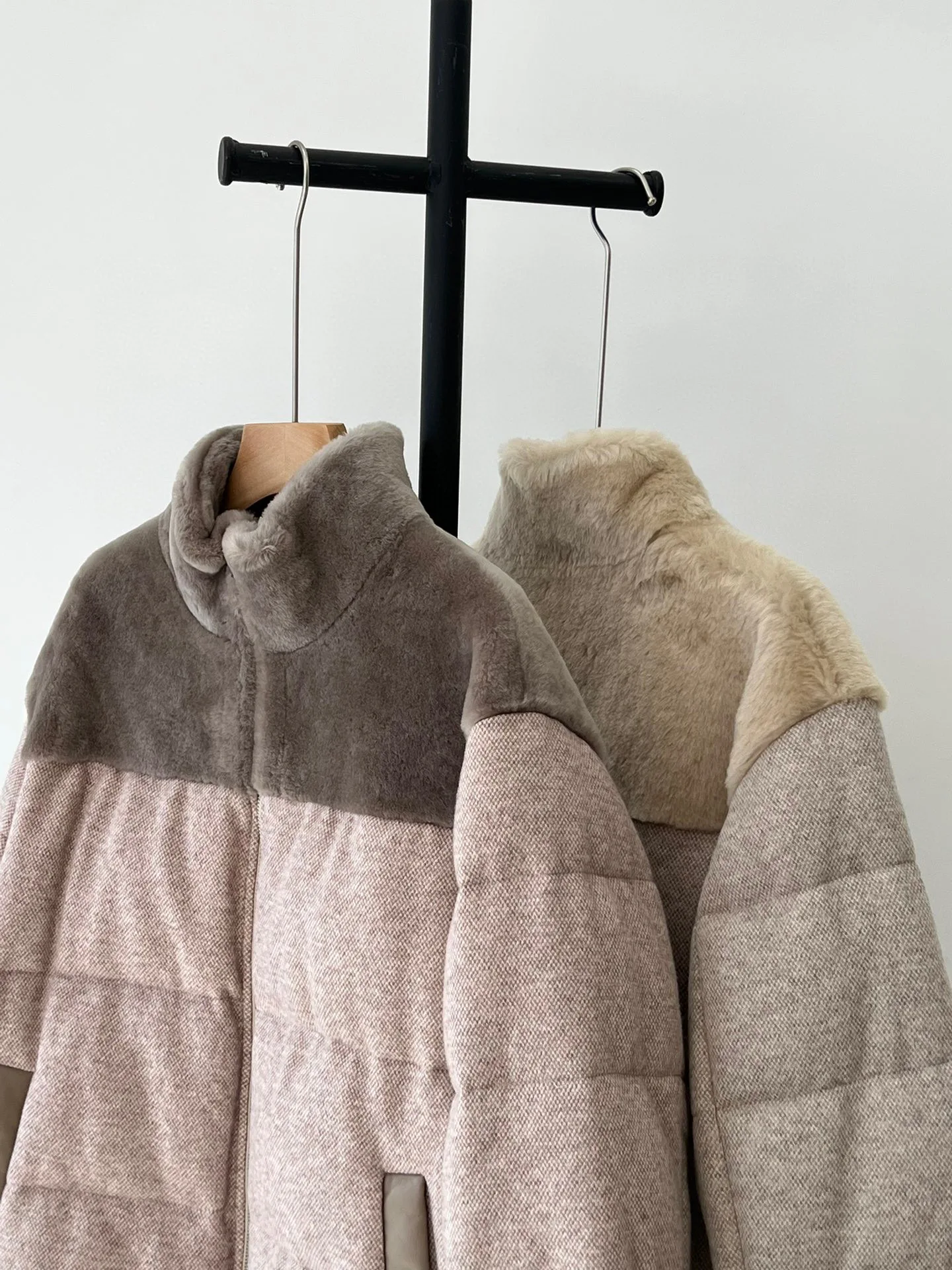 Padded Coat with Full Pelt Sheepskin Cashmere, Paneled Down Coat