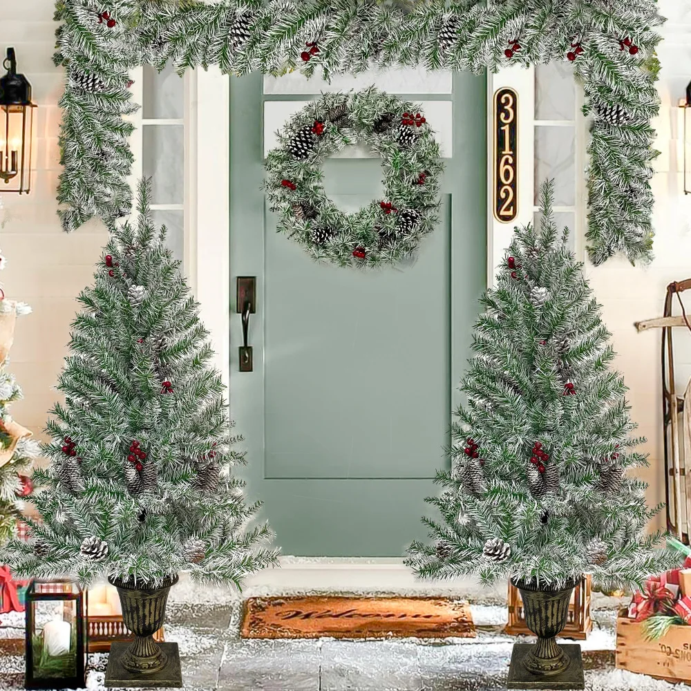 4PCS Pre-lit Xmas Tree Artificial Christmas ,Garland, Wreath and Set of 2 Entrance Trees X-mas,christmas decorations